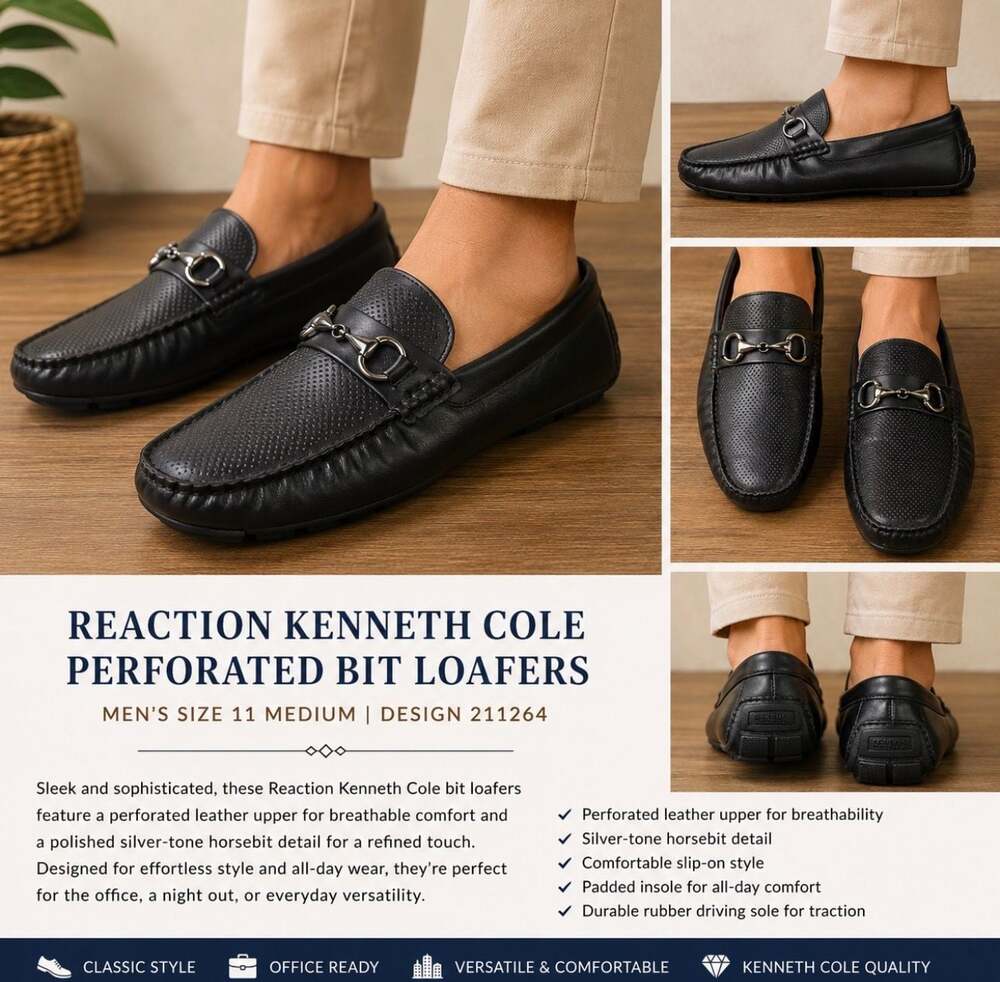 Kenneth Cole Reaction Men's Size 11 Black Perforated Bit Loafers